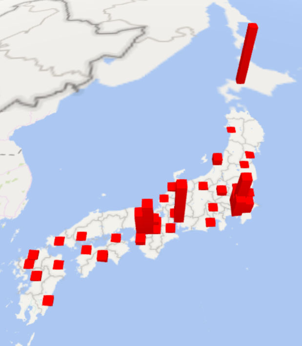 国内事例：都道府県別の患者報告数の内訳（2020年３月19日12時時点）棒グラフ・日本地図
